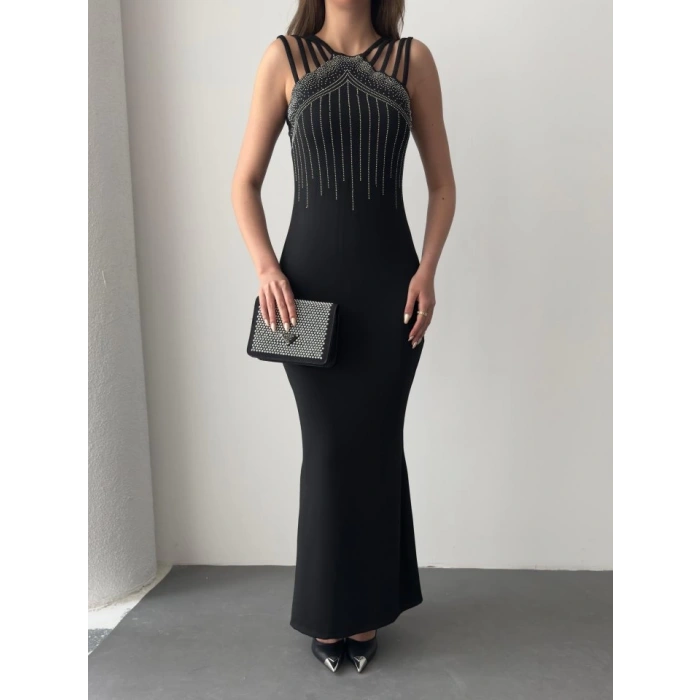 MDB Kadın Omuz çoklu Askılı önü Taş Işlemeli Balık Kesim Janjan Krep Maxi Boy Elbise