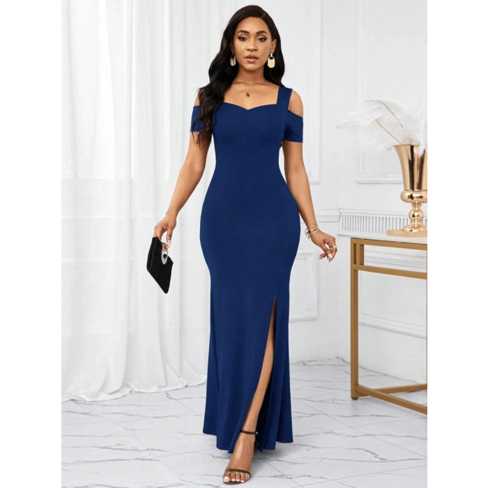 MDB Kadın Omuzlardan Açık Askılı Yırtmaç Detaylı Uzun Ithal Krep Elbise