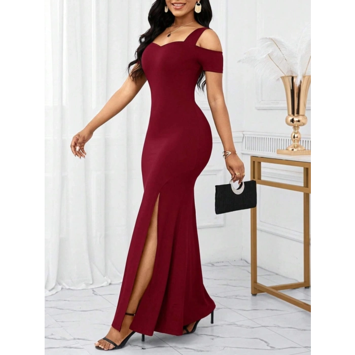 MDB Kadın Omuzlardan Açık Askılı Yırtmaç Detaylı Uzun Ithal Krep Elbise