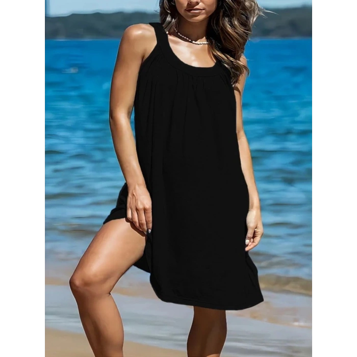 MDB Kadın Omuzlardan Açık Yuvarlak Yaka Pileli Viskon Elbise