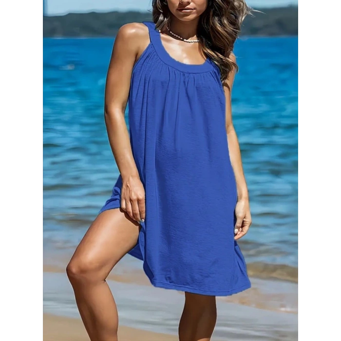 MDB Kadın Omuzlardan Açık Yuvarlak Yaka Pileli Viskon Elbise