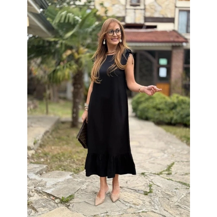 MDB Kadın Omuzlardan Büzgülü Kayık Yaka Fırfırlı Janjan Krep Elbise