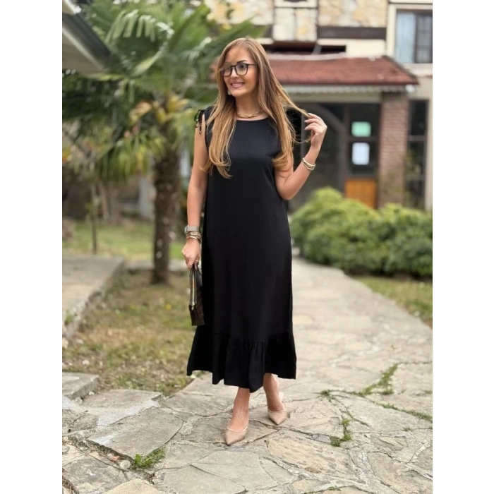 MDB Kadın Omuzlardan Büzgülü Kayık Yaka Fırfırlı Janjan Krep Elbise