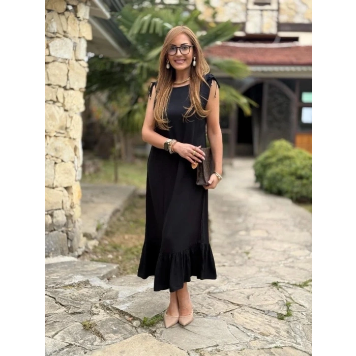 MDB Kadın Omuzlardan Büzgülü Kayık Yaka Fırfırlı Janjan Krep Elbise