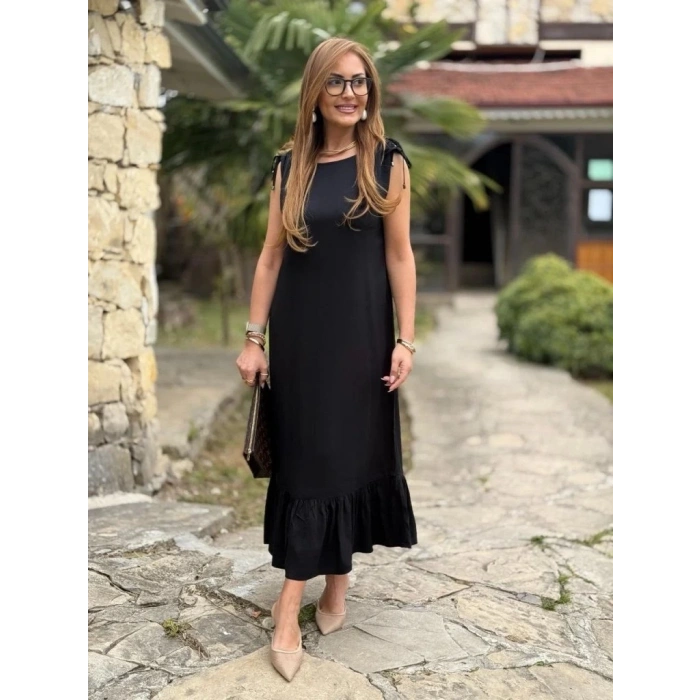 MDB Kadın Omuzlardan Büzgülü Kayık Yaka Fırfırlı Janjan Krep Elbise