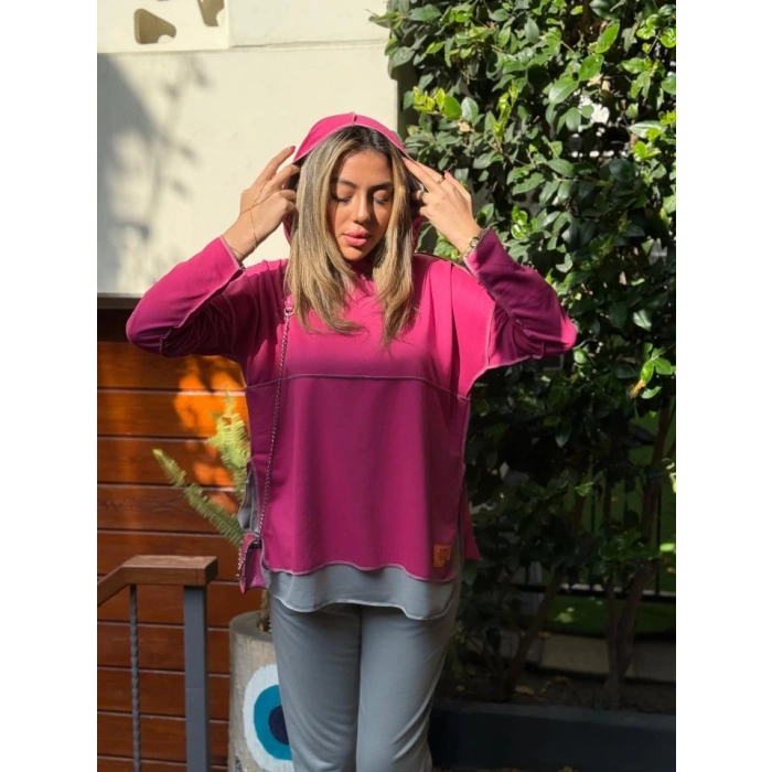 MDB Kadın Pembe Kapşonlu Etek Ucu Detay Arma Ters Dikiş Gorunumlu Ikili Takım