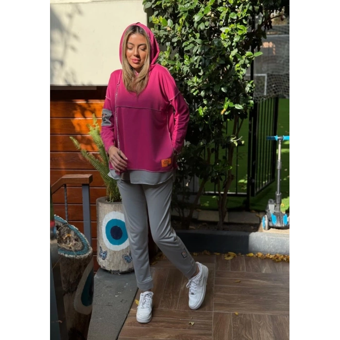 MDB Kadın Pembe Kapşonlu Etek Ucu Detay Arma Ters Dikiş Gorunumlu Ikili Takım