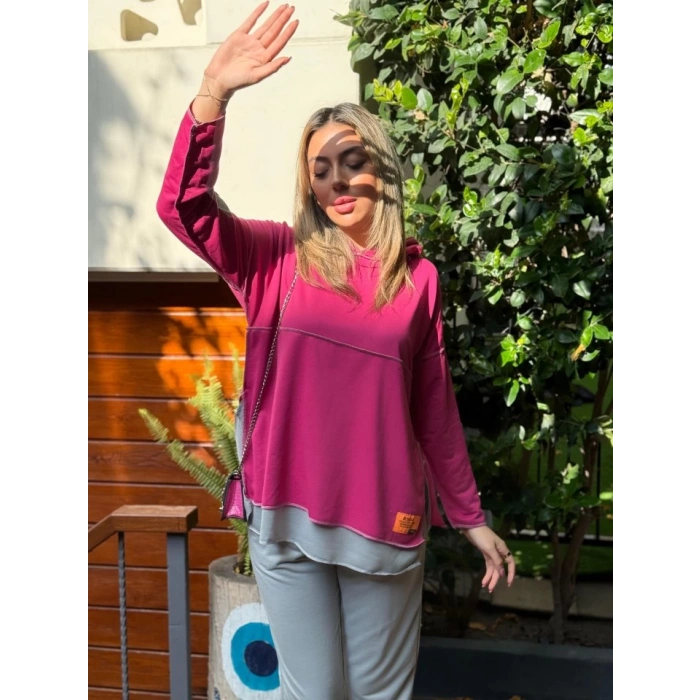 MDB Kadın Pembe Kapşonlu Etek Ucu Detay Arma Ters Dikiş Gorunumlu Ikili Takım