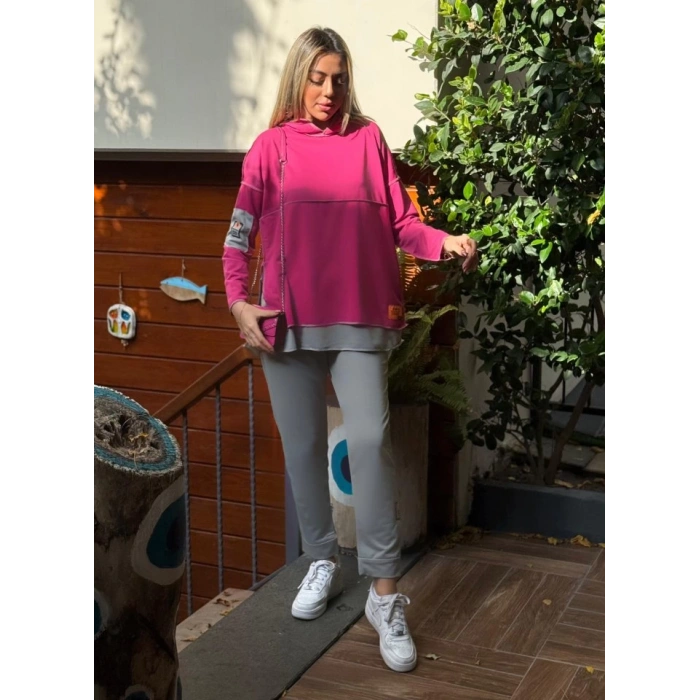 MDB Kadın Pembe Kapşonlu Etek Ucu Detay Arma Ters Dikiş Gorunumlu Ikili Takım