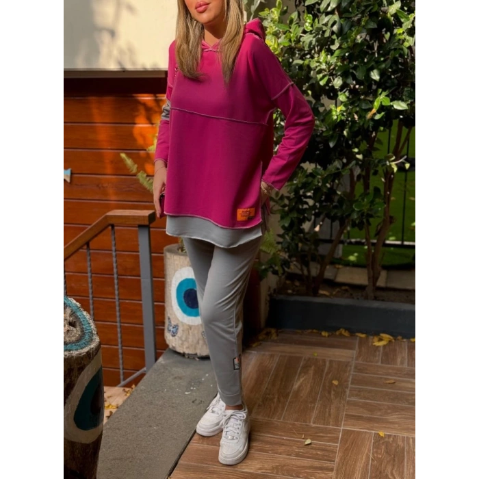 MDB Kadın Pembe Kapşonlu Etek Ucu Detay Arma Ters Dikiş Gorunumlu Ikili Takım