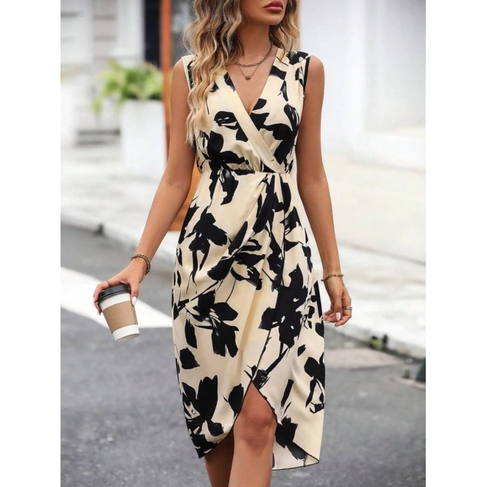 MDB Kadın Sıfır Kol Kruvaze Yaka önden çapraz Kesim Detaylı Desenli Oysho Süprem Elbise