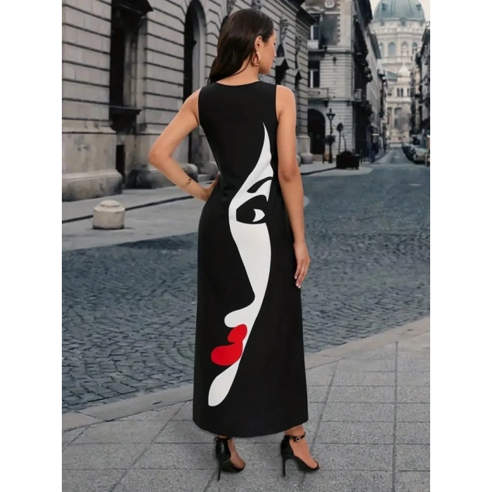 MDB Kadın Sıfır Kol V Yakalı Kadın Yüz Desenli Süprem Elbise