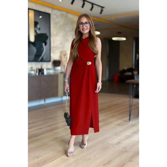 MDB Kadın Sıfır Kollu Bisiklet Yaka Belden Büzgülü Yırtmaç Detaylı Janjan Krep Elbise