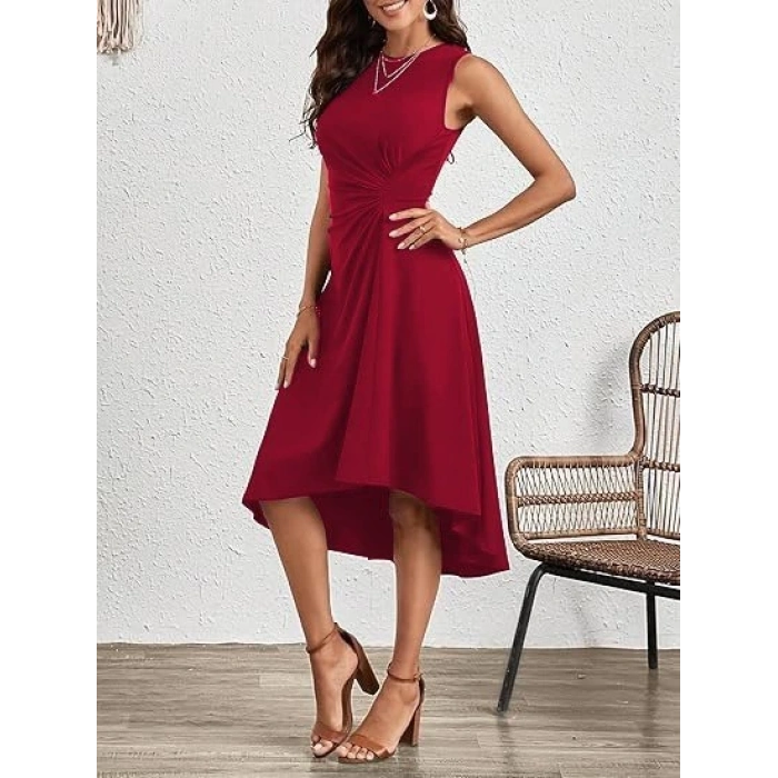 MDB Kadın Sıfır Kollu Bisiklet Yaka Büzgülü Asimetrik Kesim Detaylı Janjan Krep Elbise