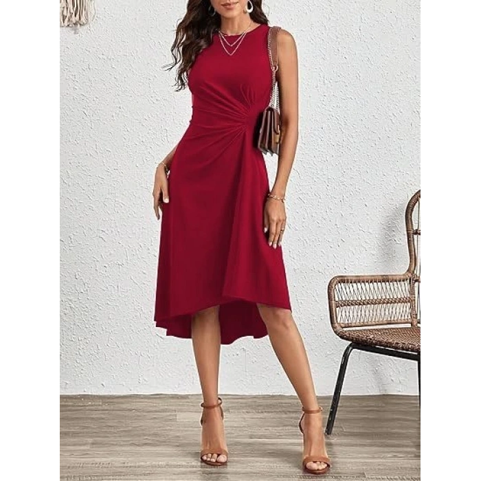 MDB Kadın Sıfır Kollu Bisiklet Yaka Büzgülü Asimetrik Kesim Detaylı Janjan Krep Elbise