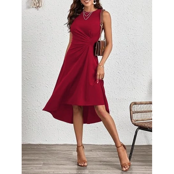 MDB Kadın Sıfır Kollu Bisiklet Yaka Büzgülü Asimetrik Kesim Detaylı Janjan Krep Elbise