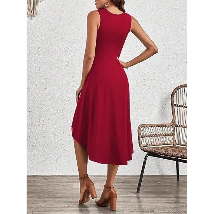 MDB Kadın Sıfır Kollu Bisiklet Yaka Büzgülü Asimetrik Kesim Detaylı Janjan Krep Elbise