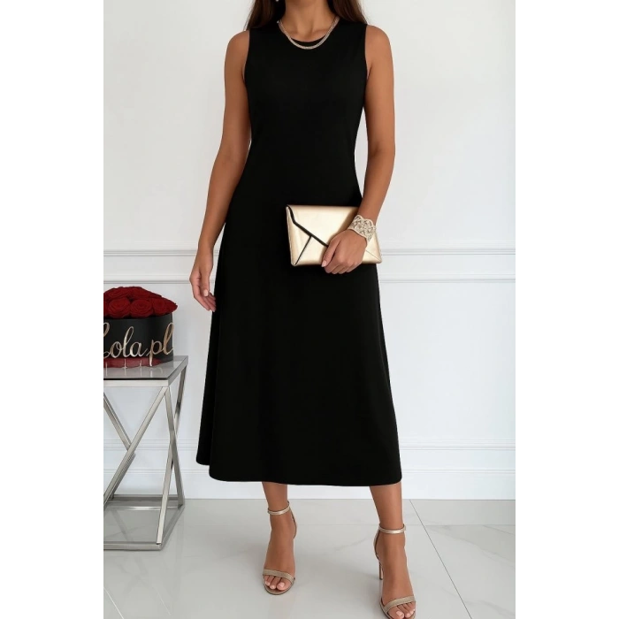 MDB Kadın Sıfır Kollu Bisiklet Yaka Midi Viskon Iki Iplik Elbise