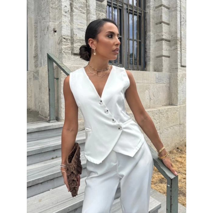 MDB Kadın Sıfır Kollu çapraz V Yakalı önden Düğmeli Atlas Yelek Ve Pantolon Ikili Takım