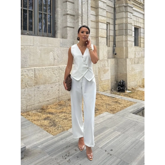 MDB Kadın Sıfır Kollu çapraz V Yakalı önden Düğmeli Atlas Yelek Ve Pantolon Ikili Takım