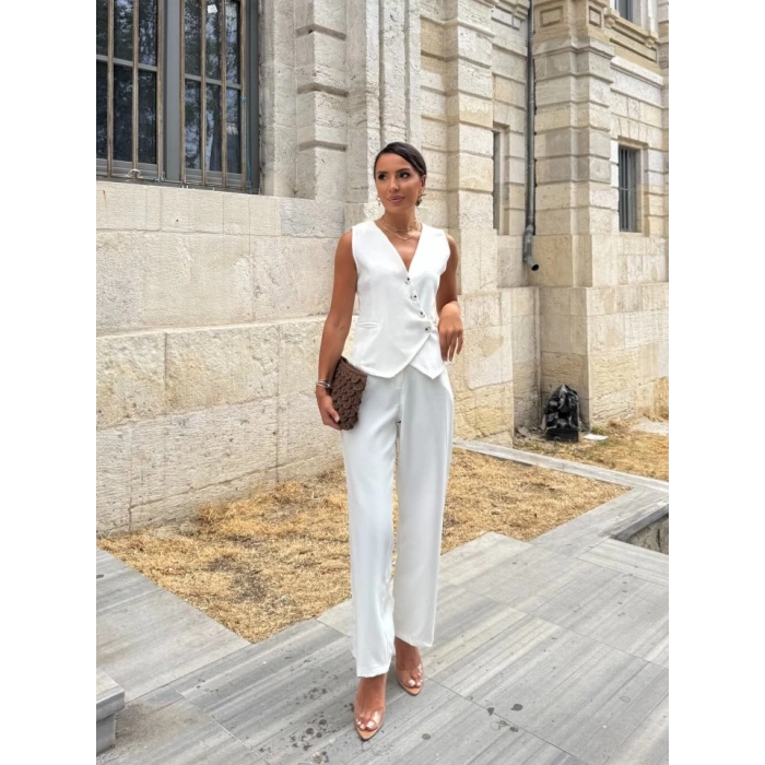 MDB Kadın Sıfır Kollu çapraz V Yakalı önden Düğmeli Atlas Yelek Ve Pantolon Ikili Takım