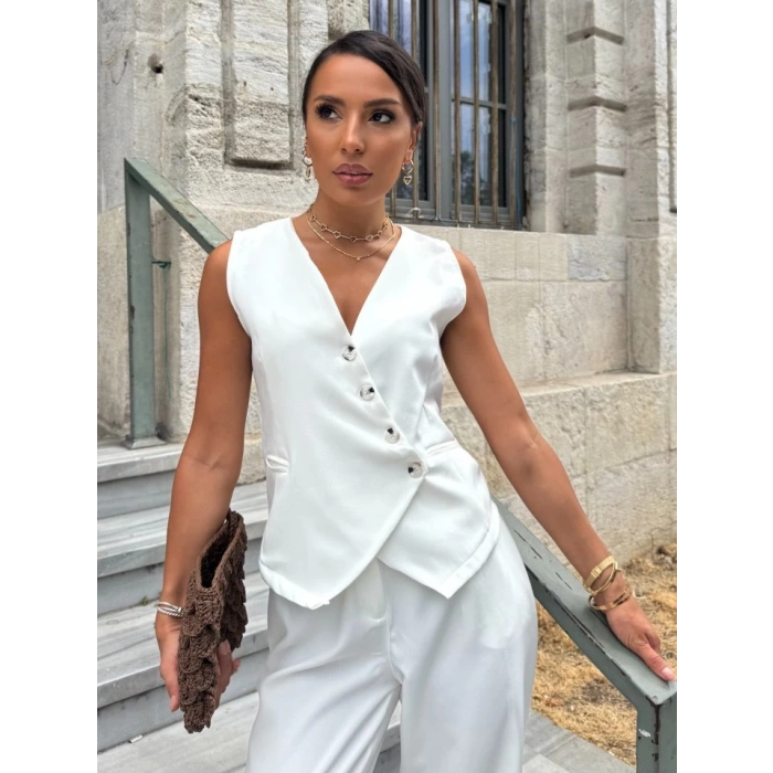 MDB Kadın Sıfır Kollu çapraz V Yakalı önden Düğmeli Atlas Yelek Ve Pantolon Ikili Takım