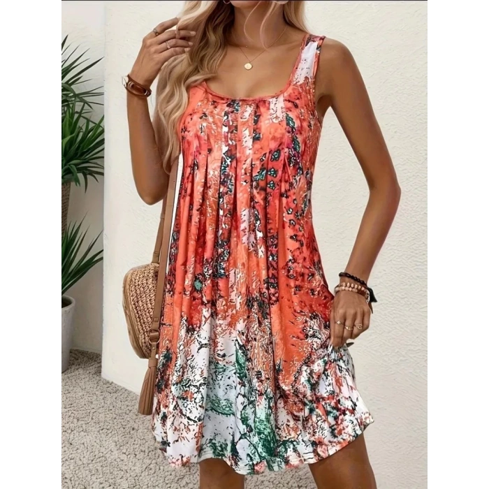 MDB Kadın Sıfır Kollu Kare Yaka önden Pileli Salaş Süprem Elbise