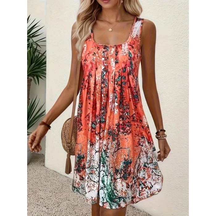 MDB Kadın Sıfır Kollu Kare Yaka önden Pileli Salaş Süprem Elbise