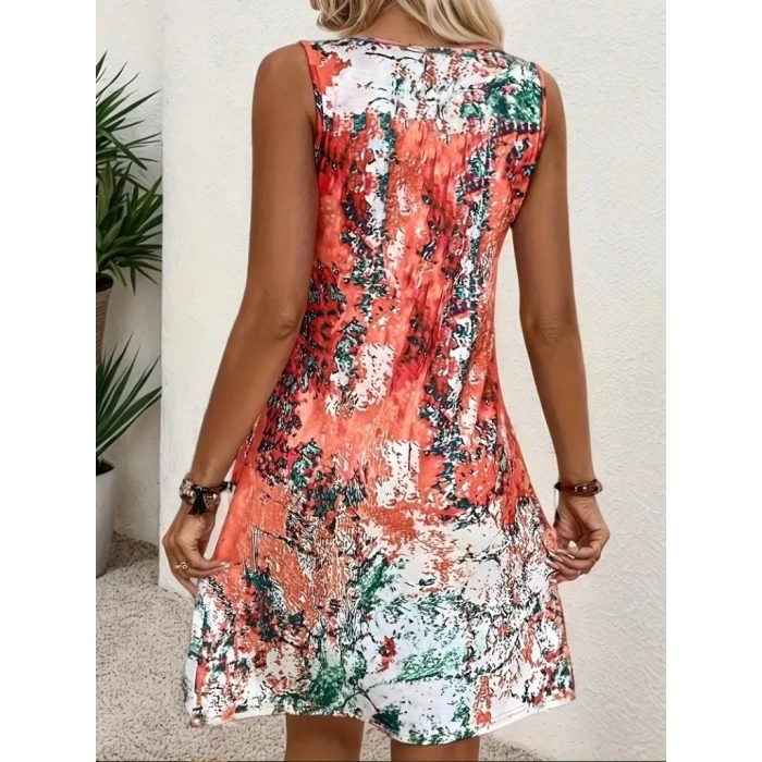 MDB Kadın Sıfır Kollu Kare Yaka önden Pileli Salaş Süprem Elbise