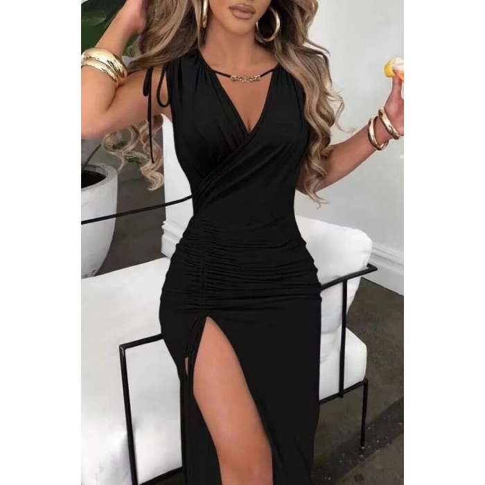 MDB Kadın Sıfır Kollu V Yakalı Yırtmaç Detaylı Beli Büzgülü Omuzdan Bağcıklı Sandy Maxi Elbise