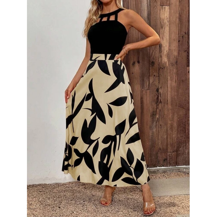 MDB Kadın Sıfır Kollu Yakadan şeritli Omuzlardan Açık Janjan Krep Desenli Al Dalgıç Maxi Elbise