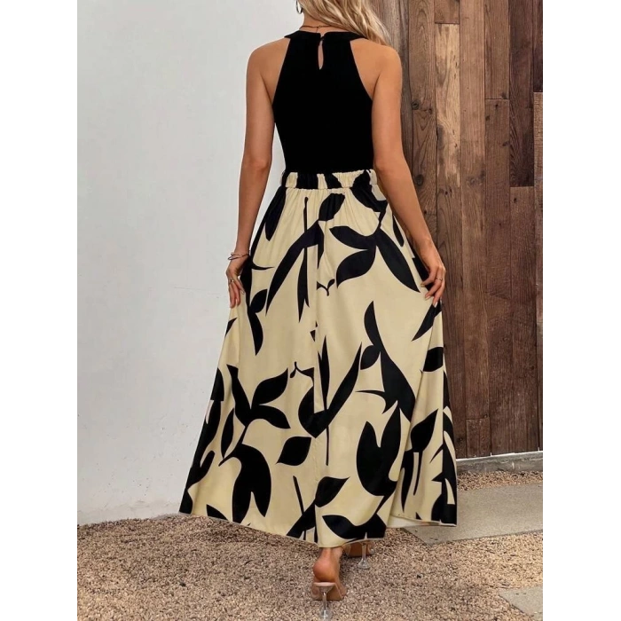 MDB Kadın Sıfır Kollu Yakadan şeritli Omuzlardan Açık Janjan Krep Desenli Al Dalgıç Maxi Elbise