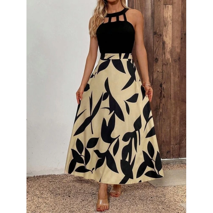 MDB Kadın Sıfır Kollu Yakadan şeritli Omuzlardan Açık Janjan Krep Desenli Al Dalgıç Maxi Elbise