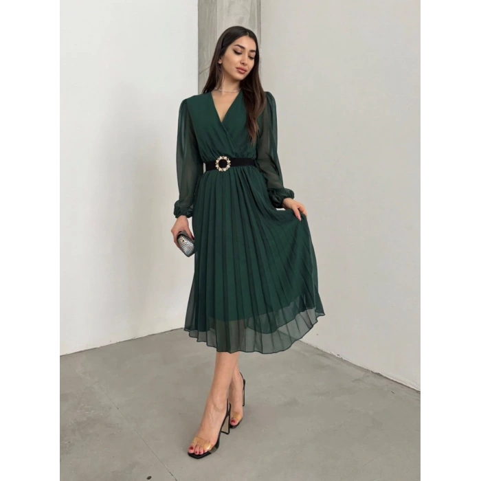 MDB Kadın şifon Kumaş Astalı Kloş Kesim Kruvaze Yaka idi Boy Elbise