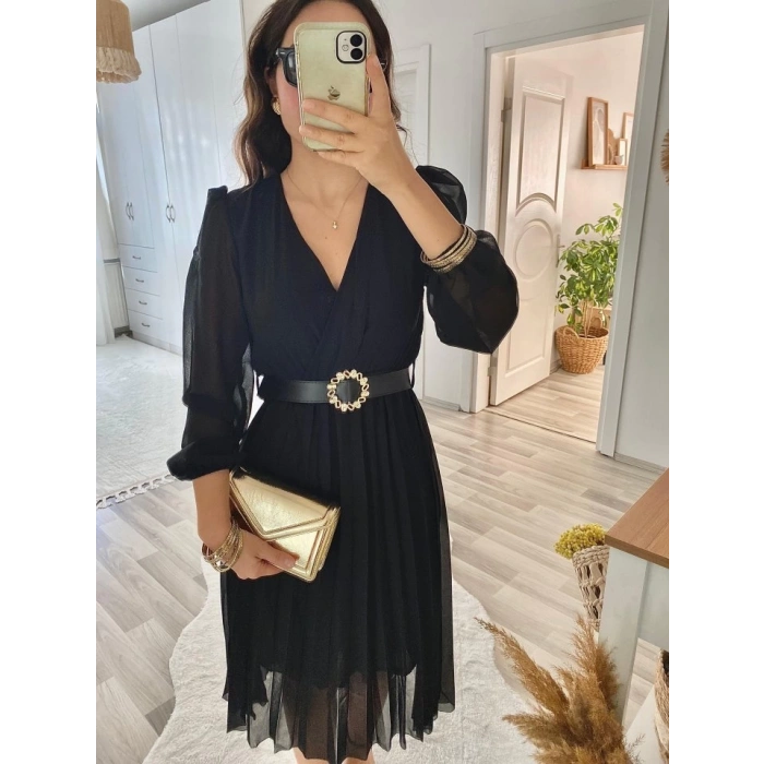 MDB Kadın şifon Kumaş Astalı Kloş Kesim Kruvaze Yaka idi Boy Elbise