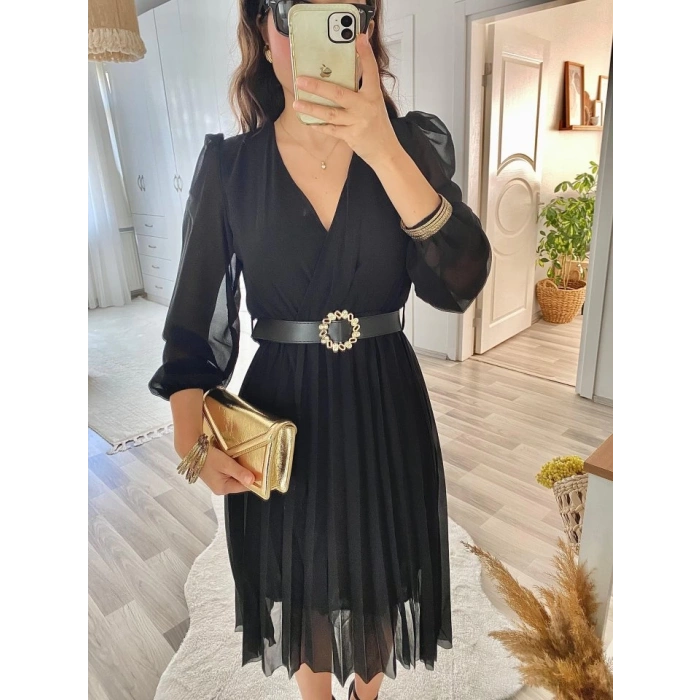 MDB Kadın şifon Kumaş Astalı Kloş Kesim Kruvaze Yaka idi Boy Elbise