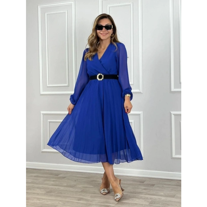 MDB Kadın şifon Kumaş Astalı Kloş Kesim Kruvaze Yaka idi Boy Elbise