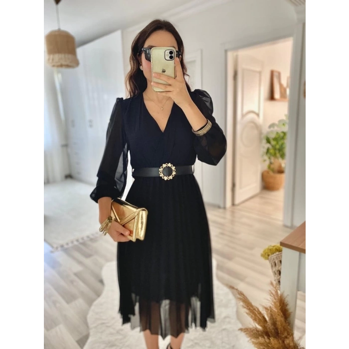 MDB Kadın şifon Kumaş Astalı Kloş Kesim Kruvaze Yaka idi Boy Elbise