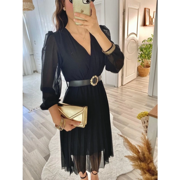 MDB Kadın şifon Kumaş Astalı Kloş Kesim Kruvaze Yaka idi Boy Elbise