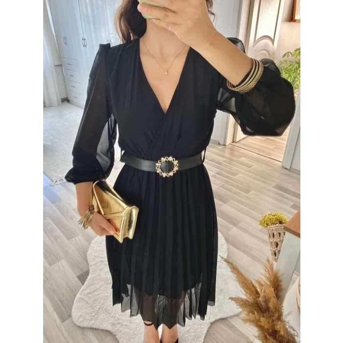 MDB Kadın şifon Kumaş Astalı Kloş Kesim Kruvaze Yaka idi Boy Elbise