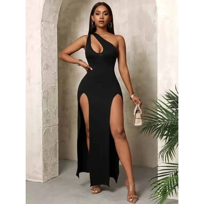 MDB Kadın Tek Omuzdan Açık Damla Detaylı Yırtmaç Detaylı Uzun Janjan Krep Elbise