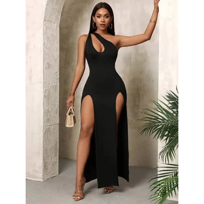 MDB Kadın Tek Omuzdan Açık Damla Detaylı Yırtmaç Detaylı Uzun Janjan Krep Elbise