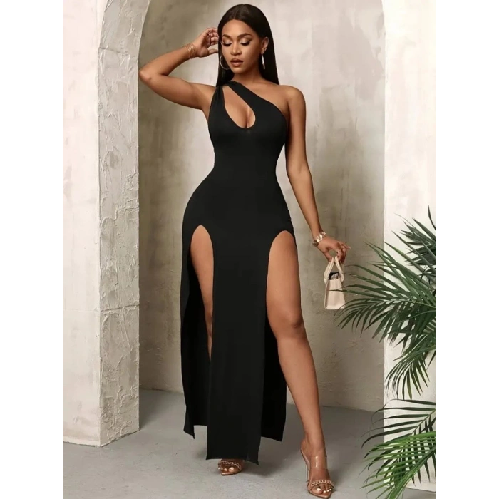 MDB Kadın Tek Omuzdan Açık Damla Detaylı Yırtmaç Detaylı Uzun Janjan Krep Elbise