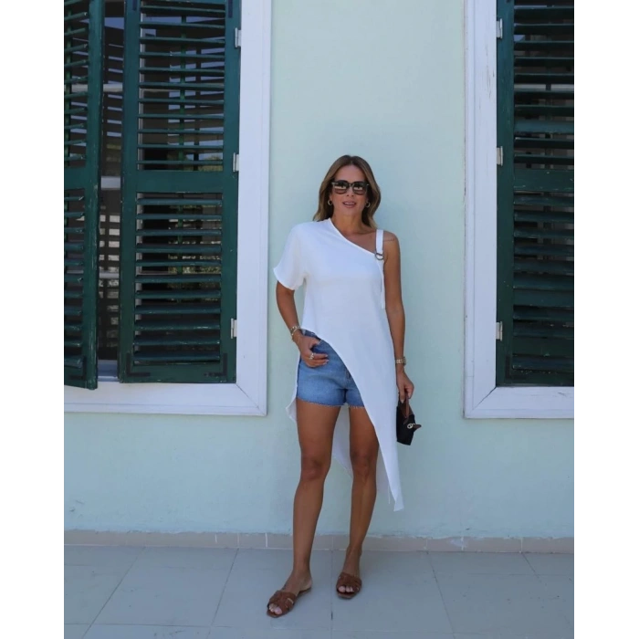 MDB Kadın Tek Omuzu Açık Askılı Asimetrik Kesim Detaylı Bluz