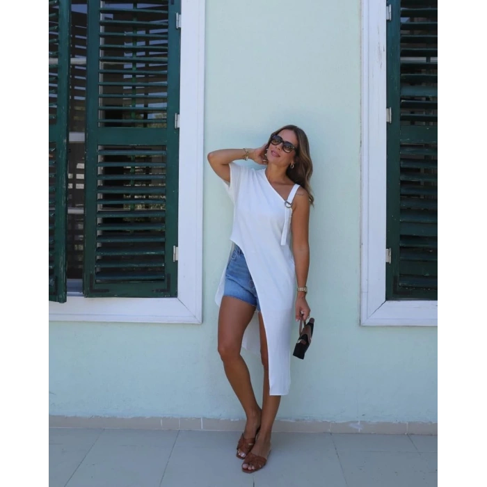 MDB Kadın Tek Omuzu Açık Askılı Asimetrik Kesim Detaylı Bluz