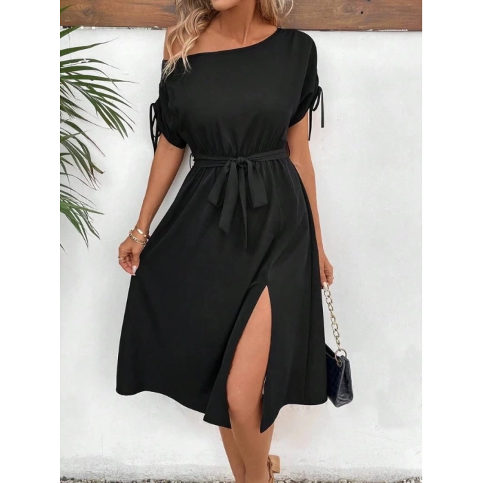 MDB Kadın Tek Omuzu Açık Kol Ucu Fiyonklu Belden Kuşaklı Yırtmaç Detaylı Viskon Elbise