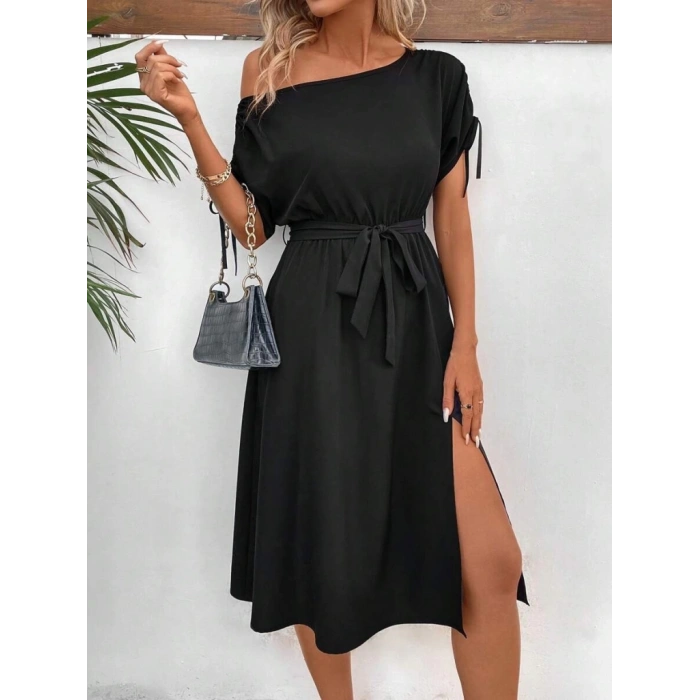 MDB Kadın Tek Omuzu Açık Kol Ucu Fiyonklu Belden Kuşaklı Yırtmaç Detaylı Viskon Elbise