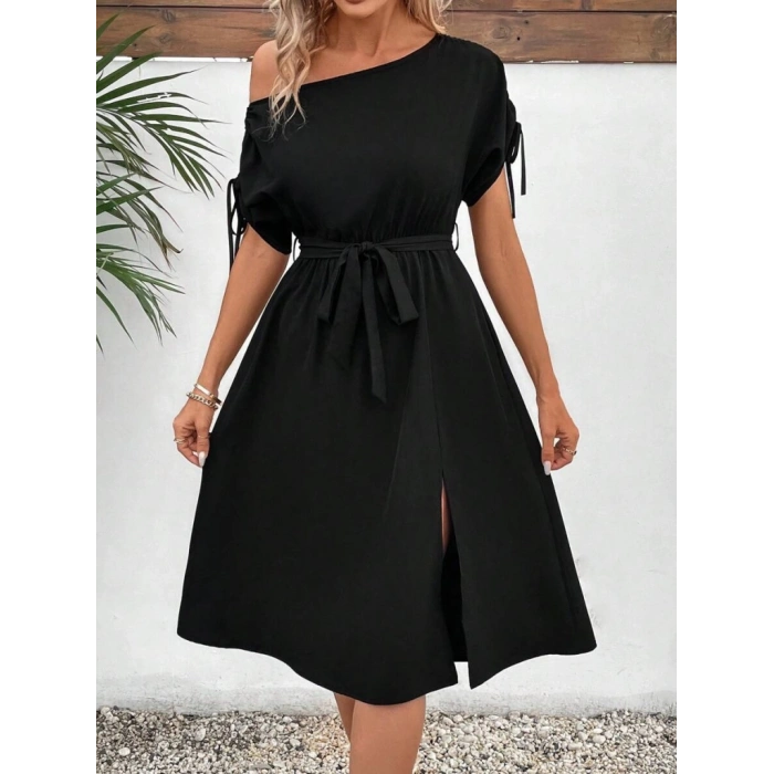 MDB Kadın Tek Omuzu Açık Kol Ucu Fiyonklu Belden Kuşaklı Yırtmaç Detaylı Viskon Elbise