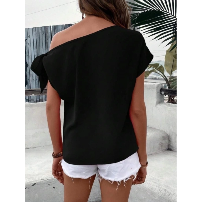 MDB Kadın Tek Omuzu Açık Koldan Bağlamalı Janjan Krep Bluz