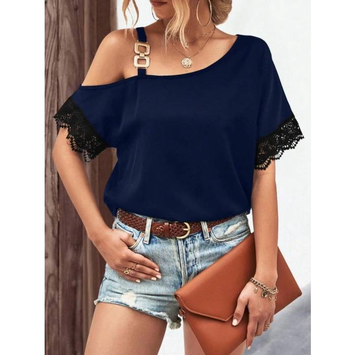 MDB Kadın Tek Omuzu Askılı Kısa Kollu Toka Detaylı Dantelli Viskon Bluz